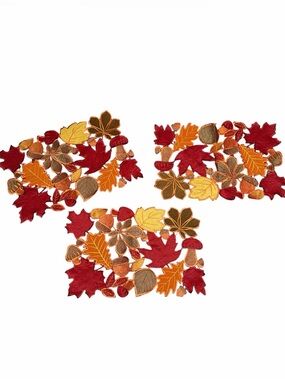 6 Autumn Leaf Embroidered Placemats - Red, Orange, Yellow, Brown